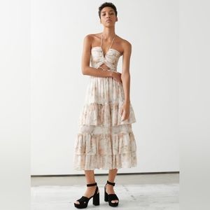 Frilled Halter White Cut-Out Ruffle Floral Midi Dress 0